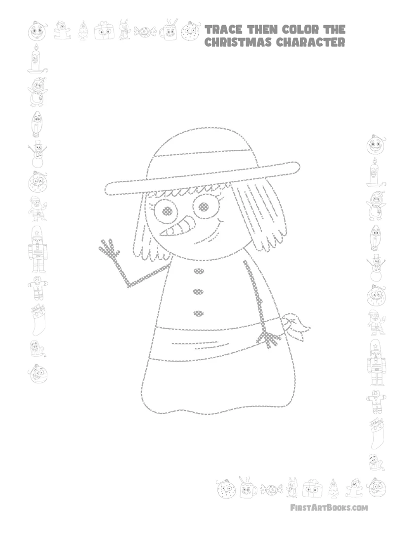 Free Snowperson Tracing and Coloring Page actual book preview